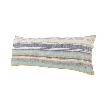 14" X 36" Off White Blue And Orange Cotton Striped Throw Pillow
