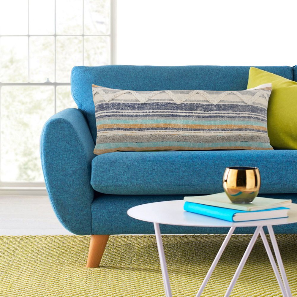 14" X 36" Off White Blue And Orange Cotton Striped Throw Pillow