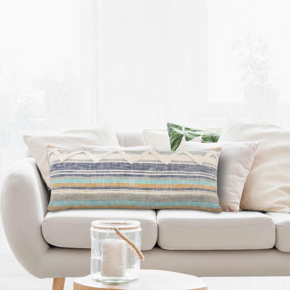 14" X 36" Off White Blue And Orange Cotton Striped Throw Pillow