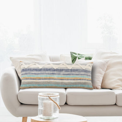 14" X 36" Off White Blue And Orange Cotton Striped Throw Pillow