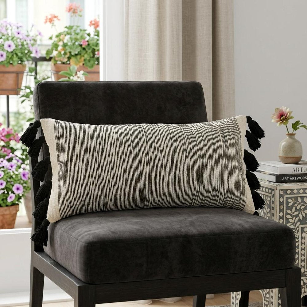 12" X 28" Gray Ivory And Black Cotton Wavy Stripe Throw Pillow with Fringe