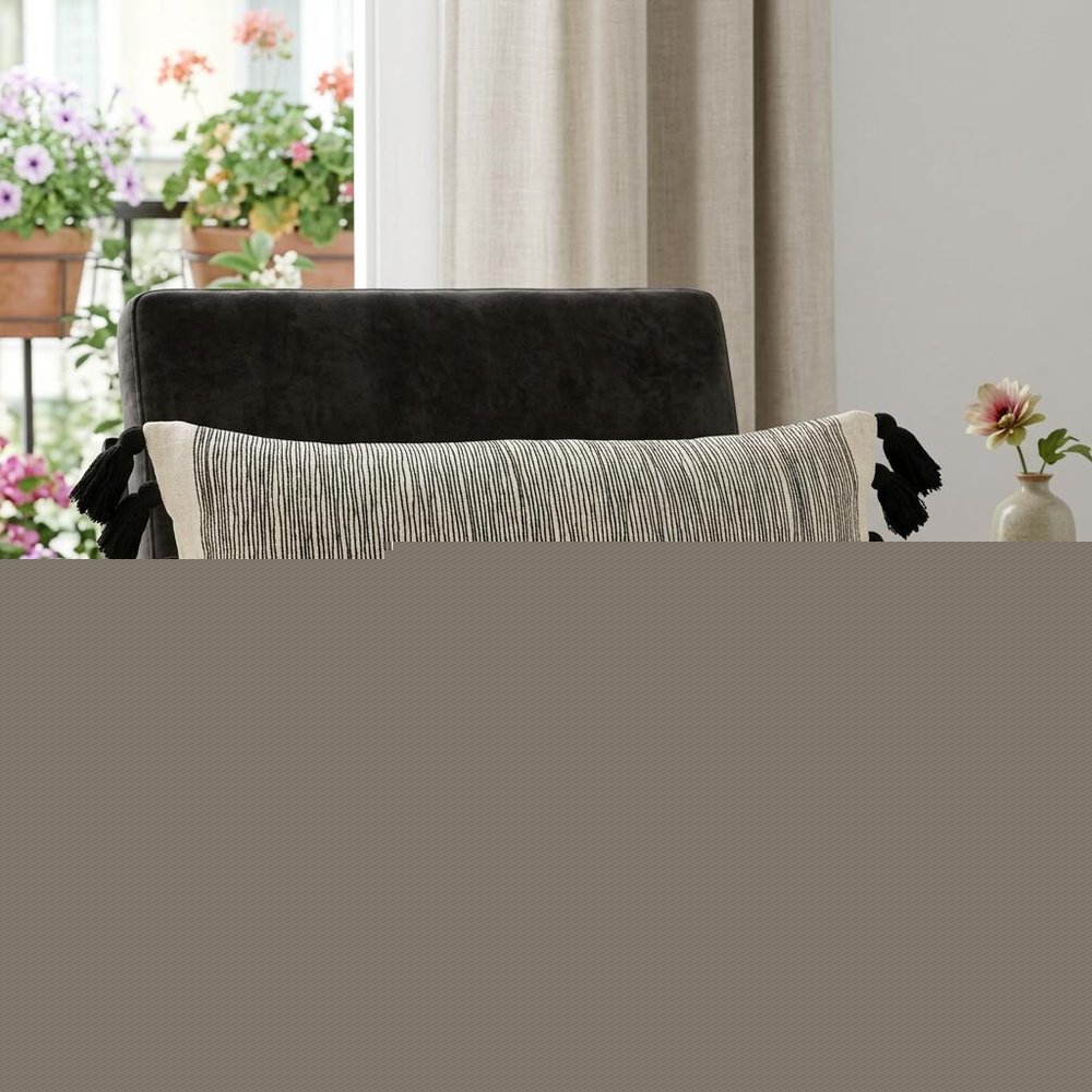 12" X 28" Gray Ivory And Black Cotton Wavy Stripe Throw Pillow with Fringe