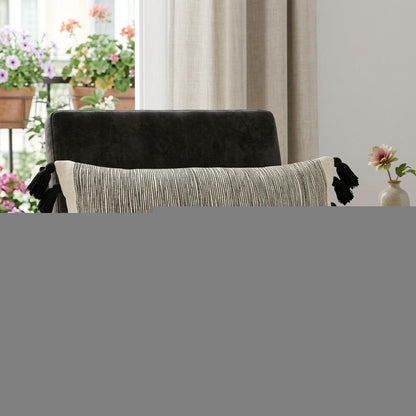 12" X 28" Gray Ivory And Black Cotton Wavy Stripe Throw Pillow with Fringe