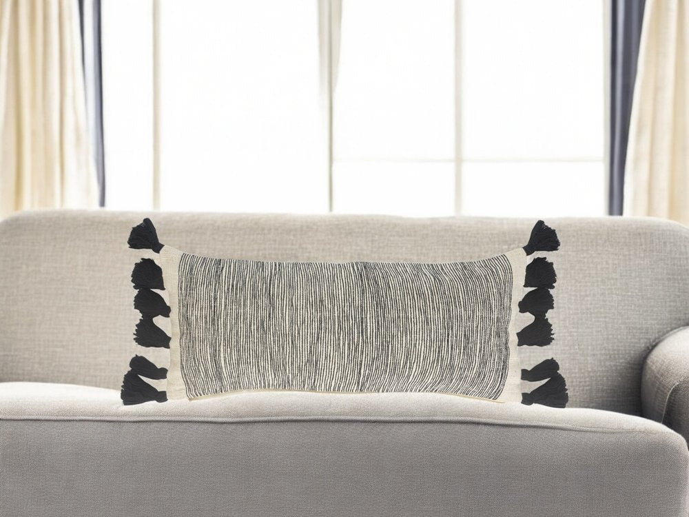 12" X 28" Gray Ivory And Black Cotton Wavy Stripe Throw Pillow with Fringe