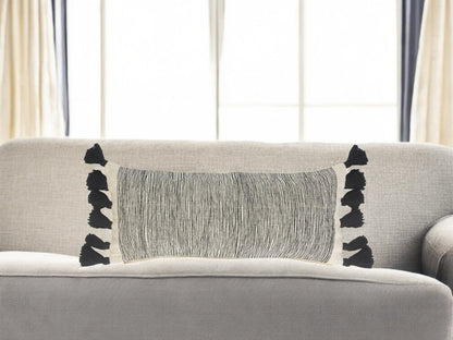 12" X 28" Gray Ivory And Black Cotton Wavy Stripe Throw Pillow with Fringe