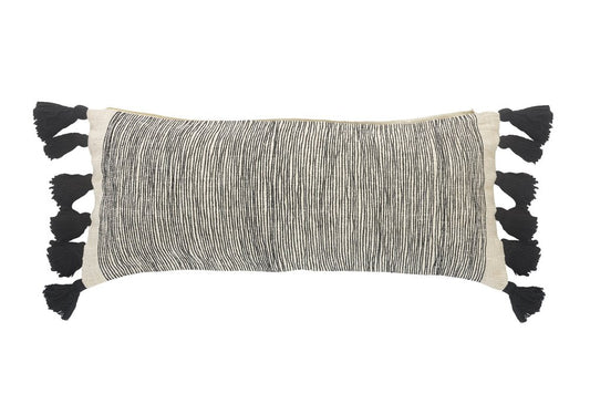 12" X 28" Gray Ivory And Black Cotton Wavy Stripe Throw Pillow with Fringe