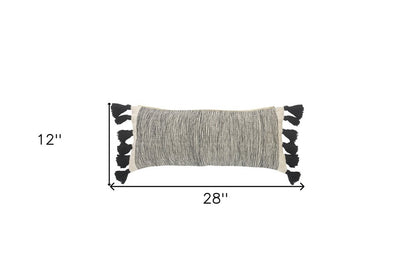 12" X 28" Gray Ivory And Black Cotton Wavy Stripe Throw Pillow with Fringe