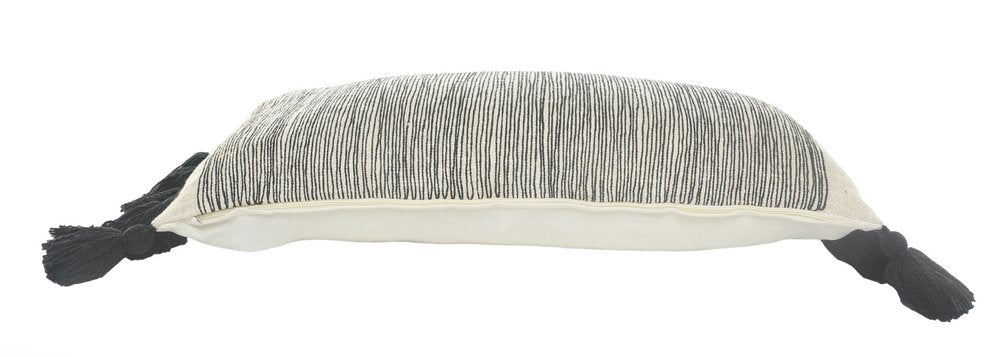 12" X 28" Gray Ivory And Black Cotton Wavy Stripe Throw Pillow with Fringe