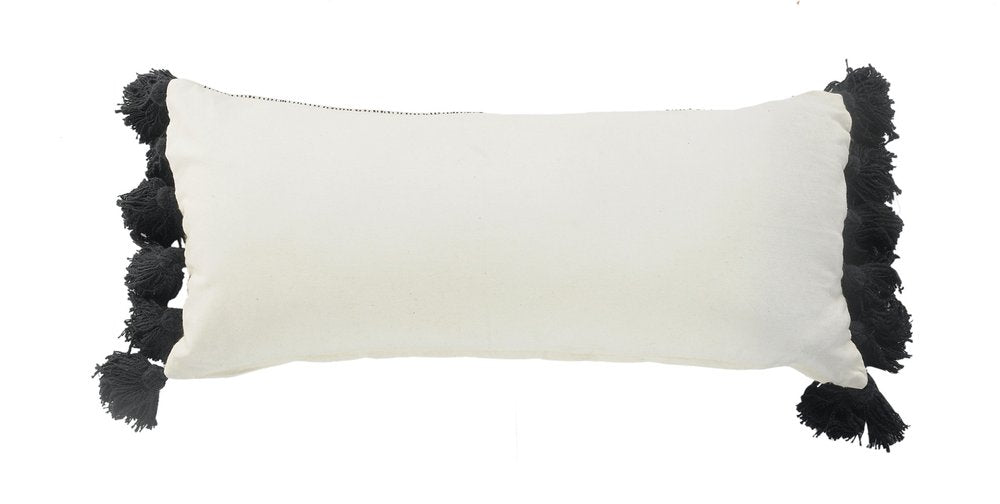 12" X 28" Gray Ivory And Black Cotton Wavy Stripe Throw Pillow with Fringe