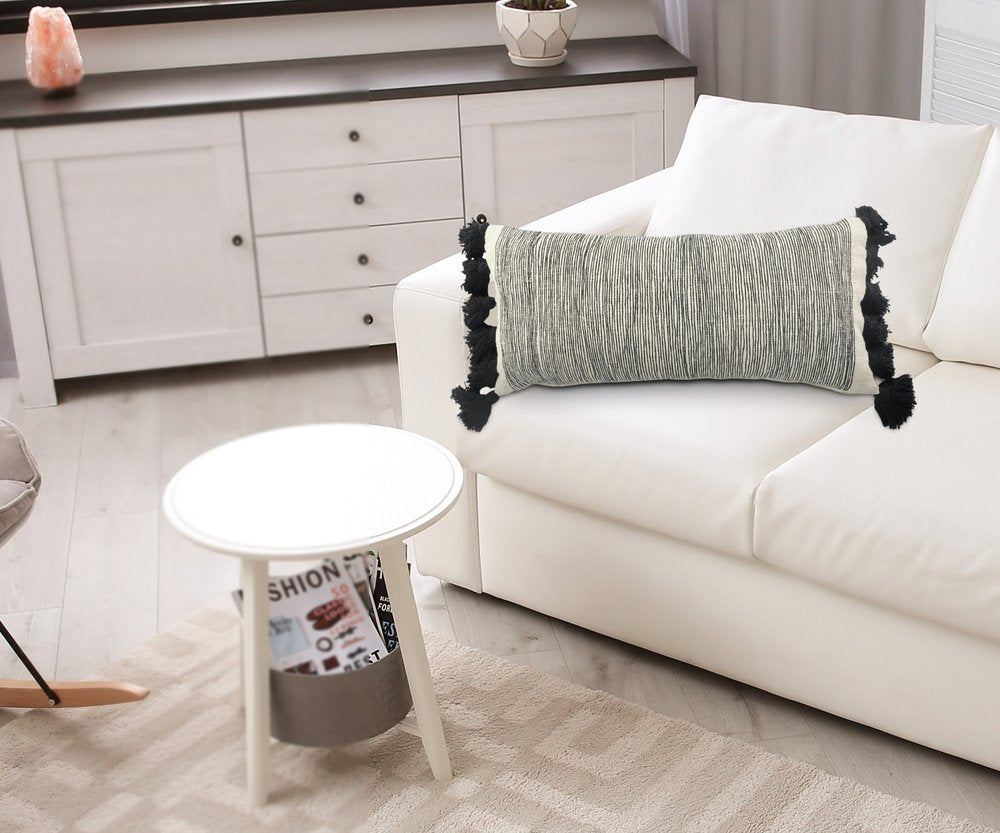 12" X 28" Gray Ivory And Black Cotton Wavy Stripe Throw Pillow with Fringe