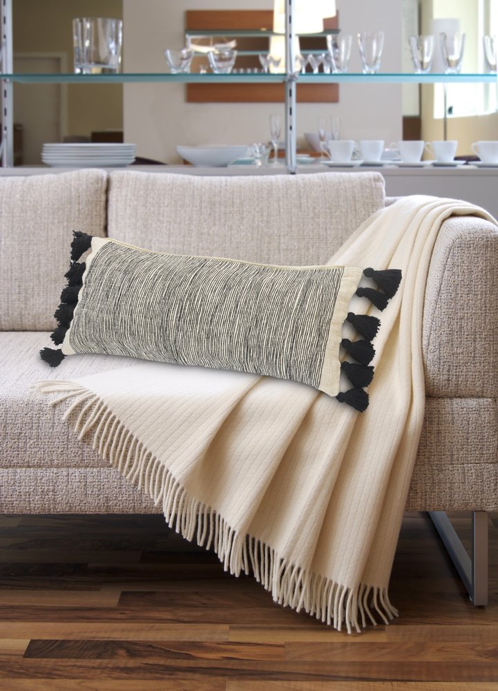 12" X 28" Gray Ivory And Black Cotton Wavy Stripe Throw Pillow with Fringe