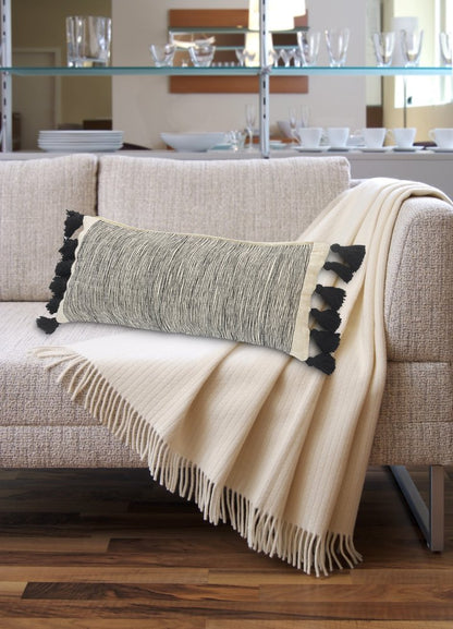 12" X 28" Gray Ivory And Black Cotton Wavy Stripe Throw Pillow with Fringe