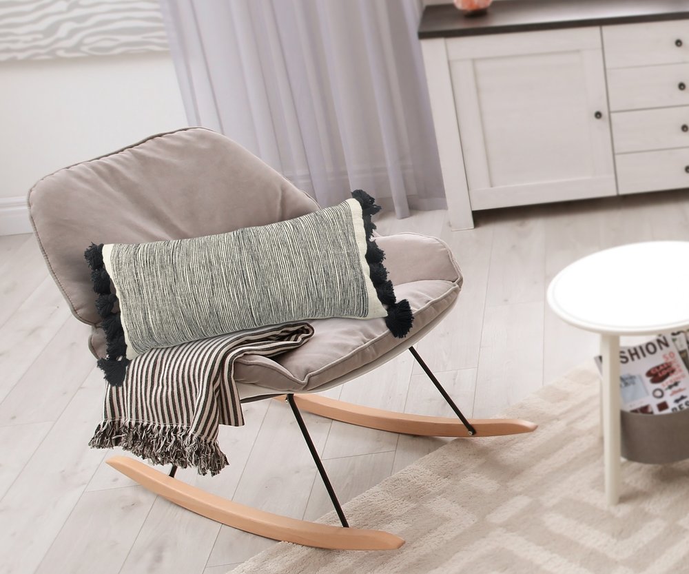 12" X 28" Gray Ivory And Black Cotton Wavy Stripe Throw Pillow with Fringe