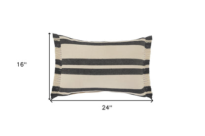 16" X 24" Gray And White 100% Cotton Striped Zippered Pillow