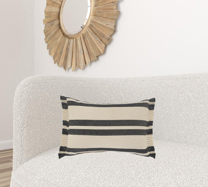 16" X 24" Gray And White 100% Cotton Striped Zippered Pillow