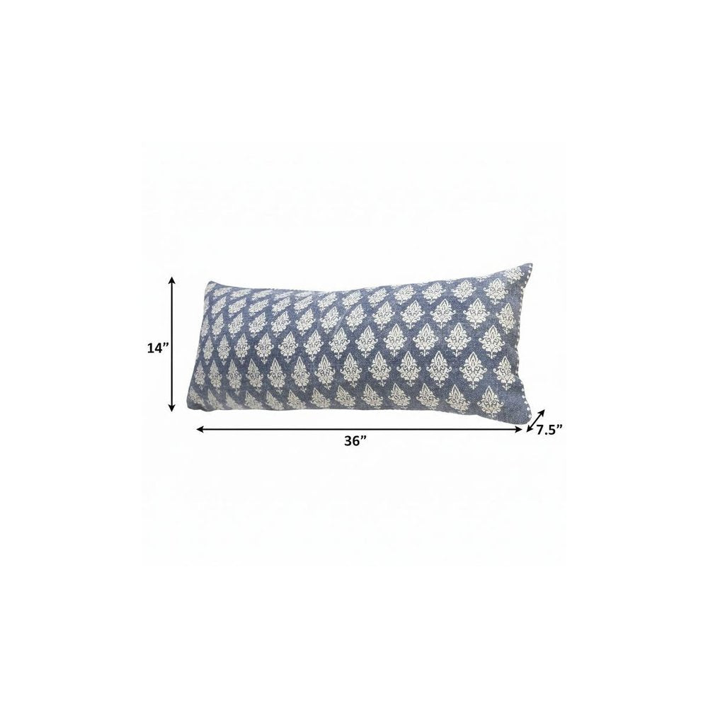 14" X 36" Vintage Indigo Blue And White 100% Cotton Geometric Zippered Pillow