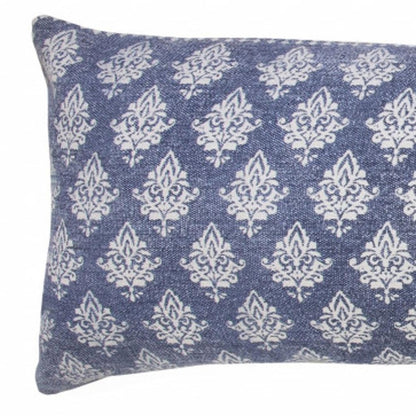14" X 36" Vintage Indigo Blue And White 100% Cotton Geometric Zippered Pillow
