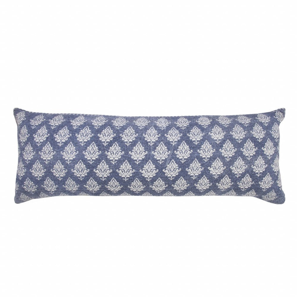 14" X 36" Vintage Indigo Blue And White 100% Cotton Geometric Zippered Pillow