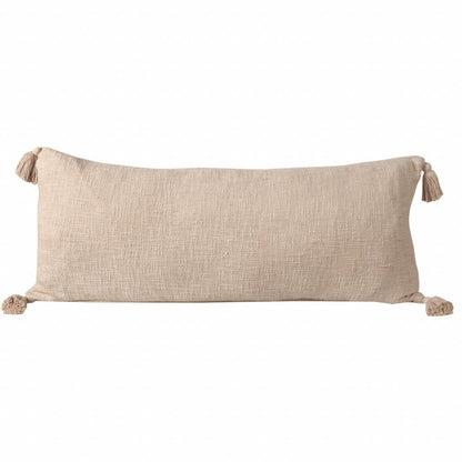 14" X 36" Beige Cotton Throw Pillow with Tassels