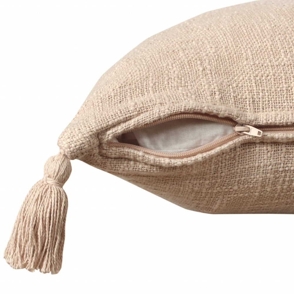 14" X 36" Beige Cotton Throw Pillow with Tassels