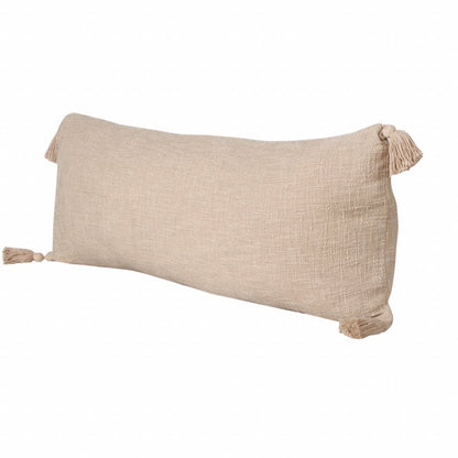 14" X 36" Beige Cotton Throw Pillow with Tassels