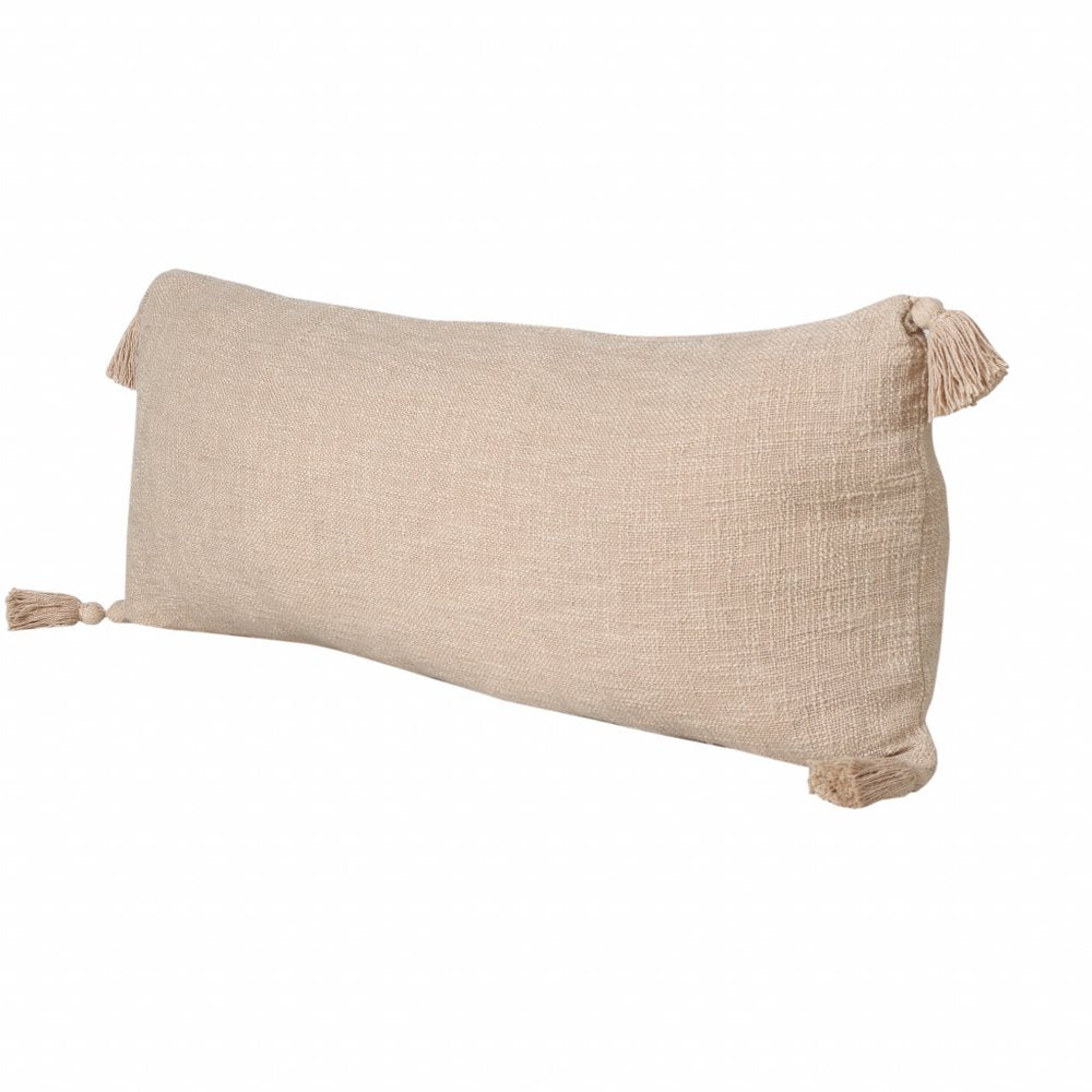 14" X 36" Beige Cotton Throw Pillow with Tassels