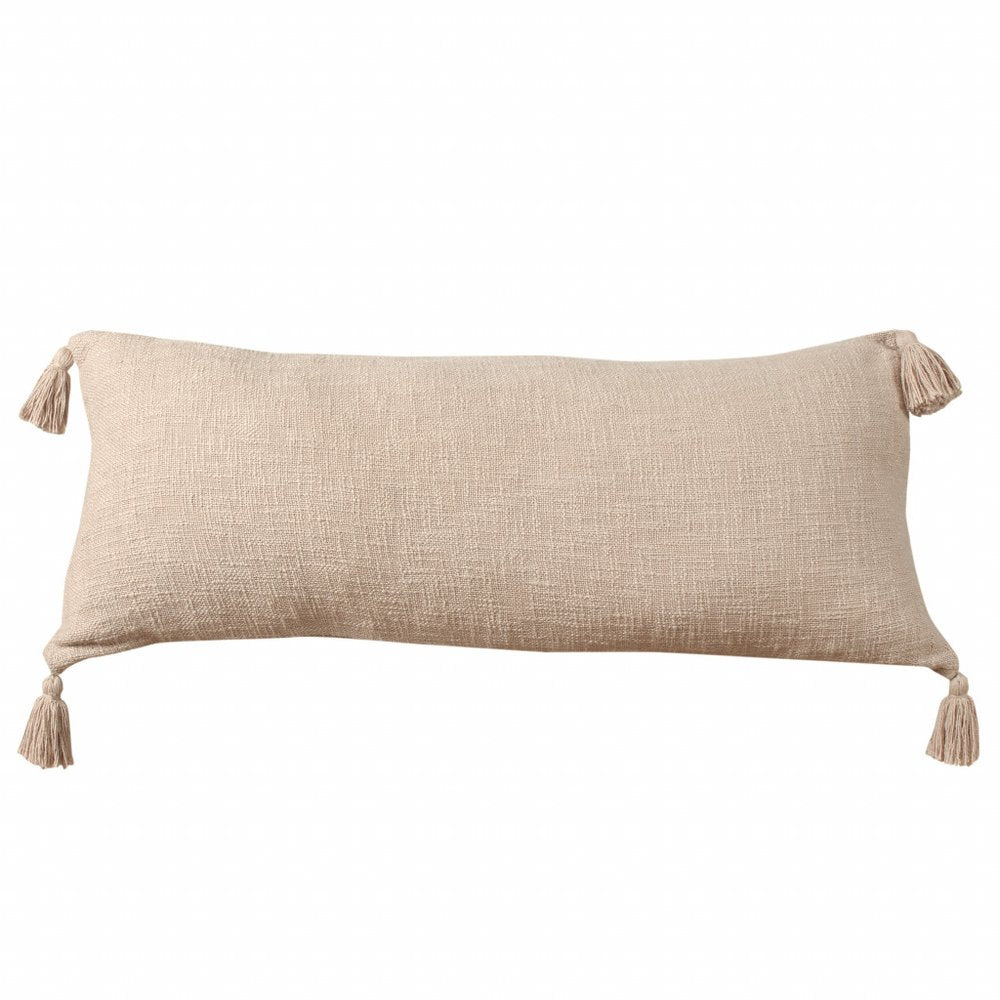 14" X 36" Beige Cotton Throw Pillow with Tassels