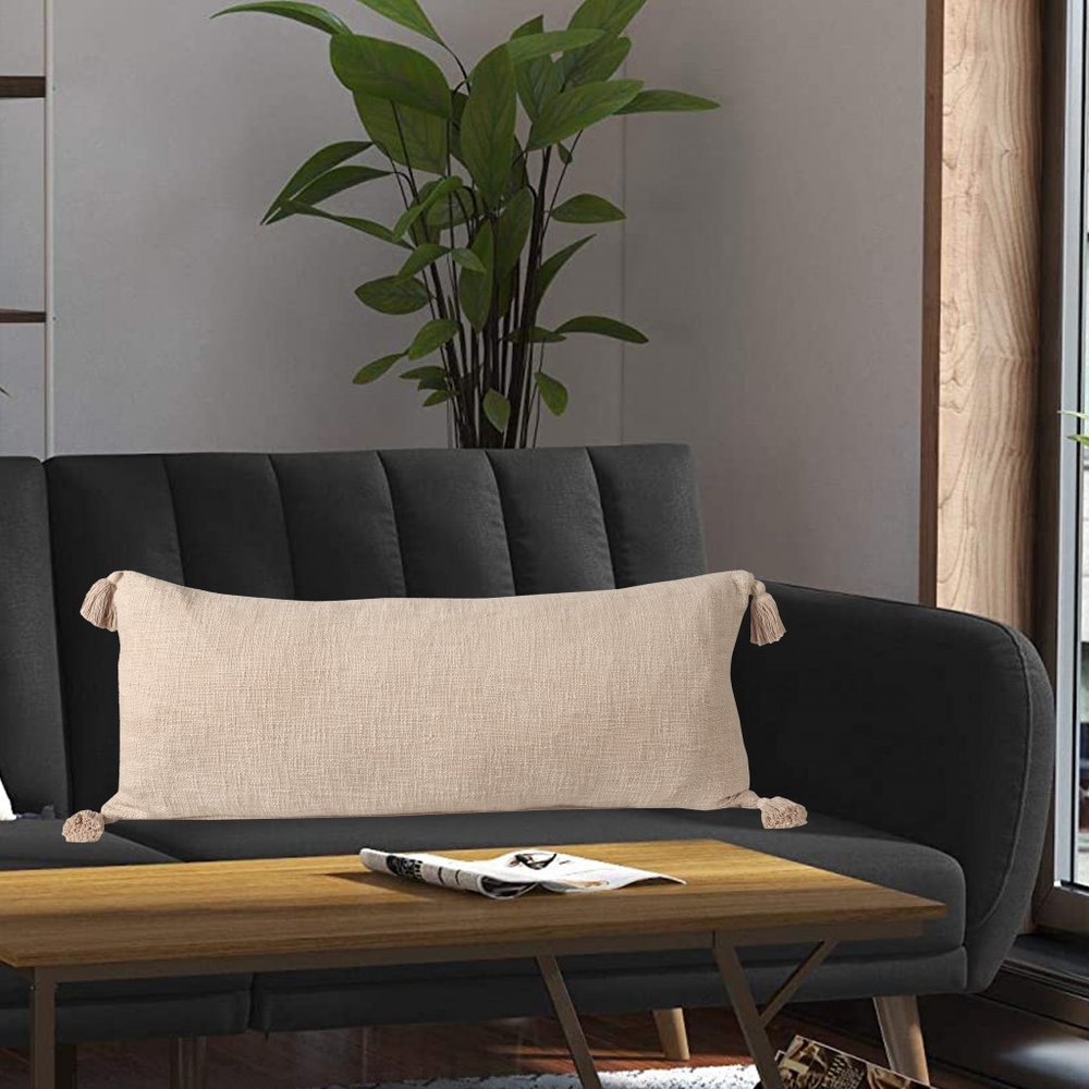 14" X 36" Black Cotton Throw Pillow with Tassels