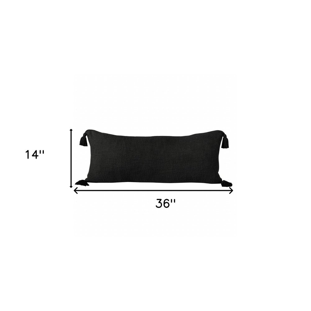 14" X 36" Black Cotton Throw Pillow with Tassels