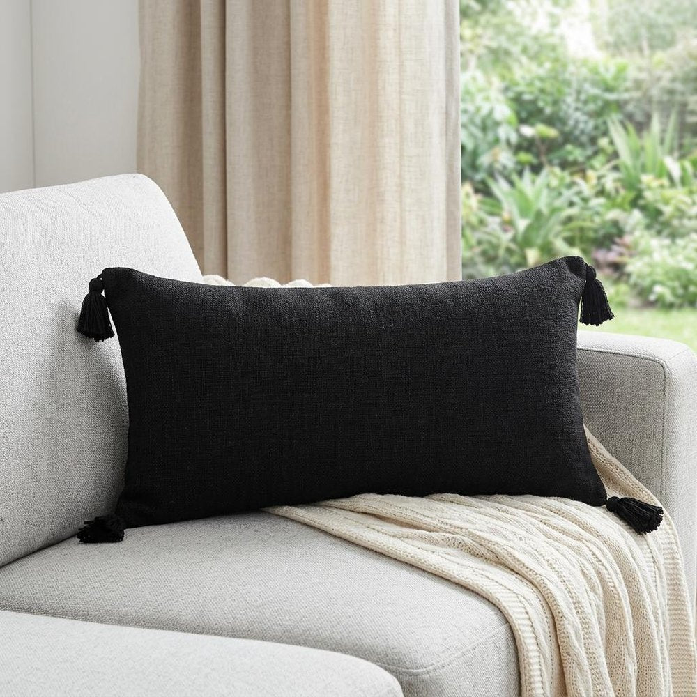 14" X 36" Black Cotton Throw Pillow with Tassels