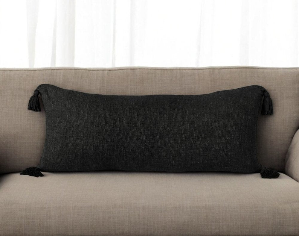 14" X 36" Beige Cotton Throw Pillow with Tassels