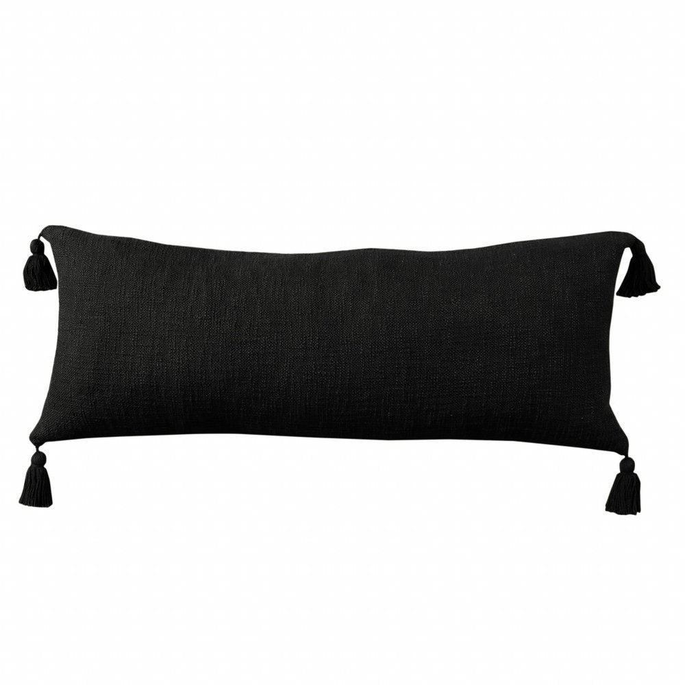 14" X 36" Black Cotton Throw Pillow with Tassels