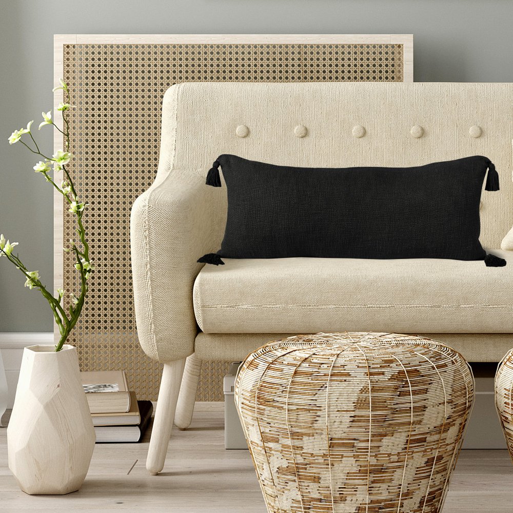 14" X 36" Beige Cotton Throw Pillow with Tassels