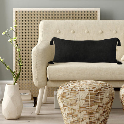 14" X 36" Beige Cotton Throw Pillow with Tassels