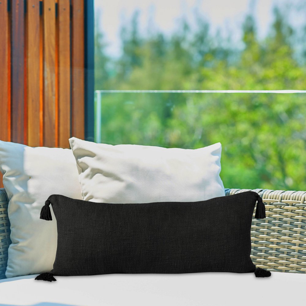 14" X 36" Beige Cotton Throw Pillow with Tassels