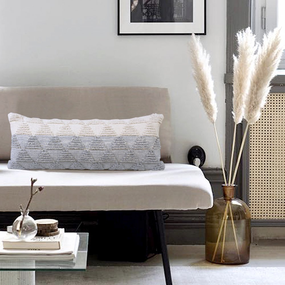 14" X 36" Gray And Off White Cotton Geometric Throw Pillow