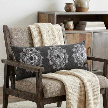 14" X 36" Black And White Cotton Medallion Throw Pillow