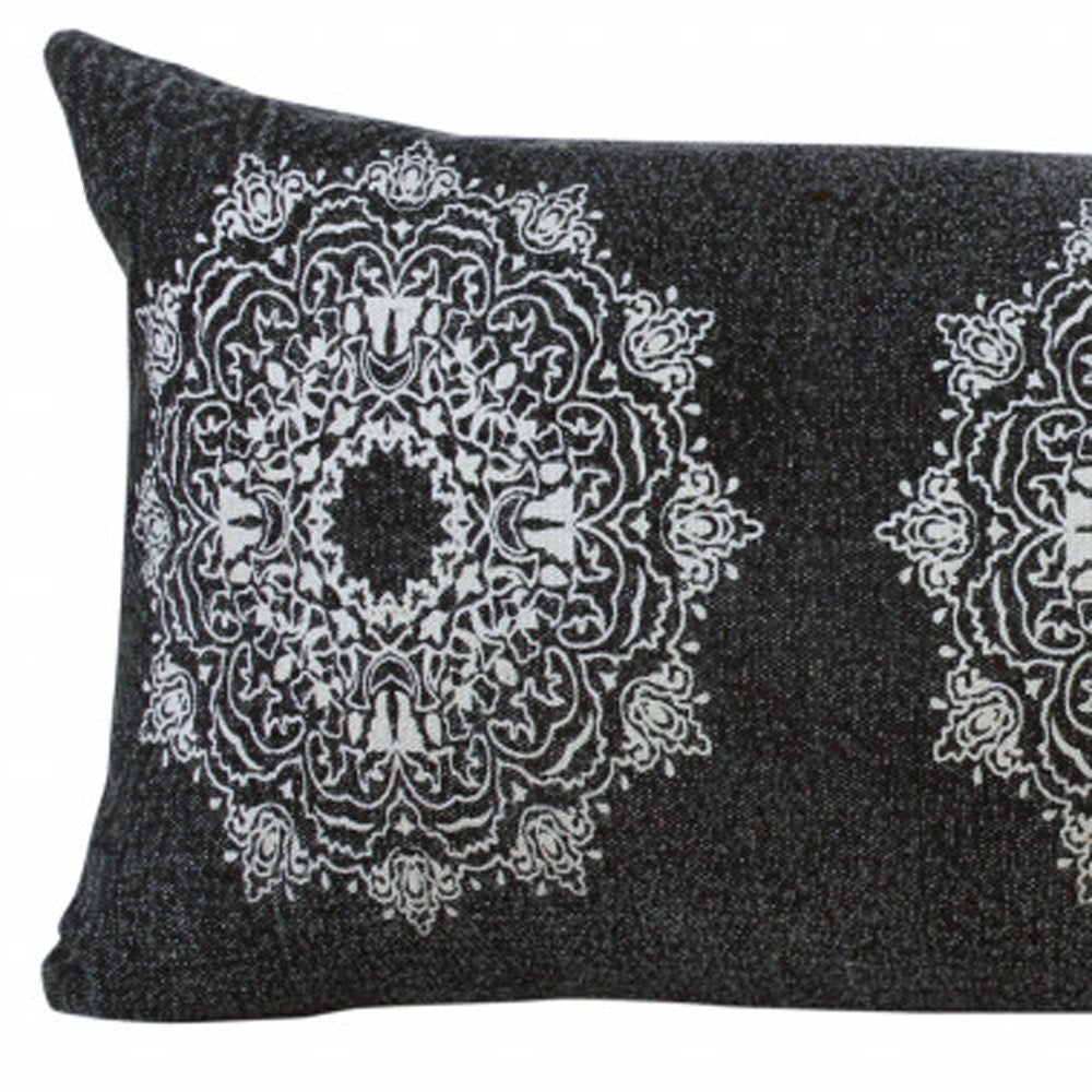 14" X 36" Black And White Cotton Medallion Throw Pillow