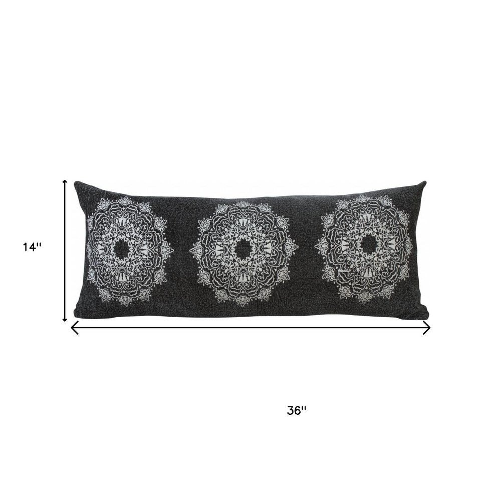 14" X 36" Black And White Cotton Medallion Throw Pillow