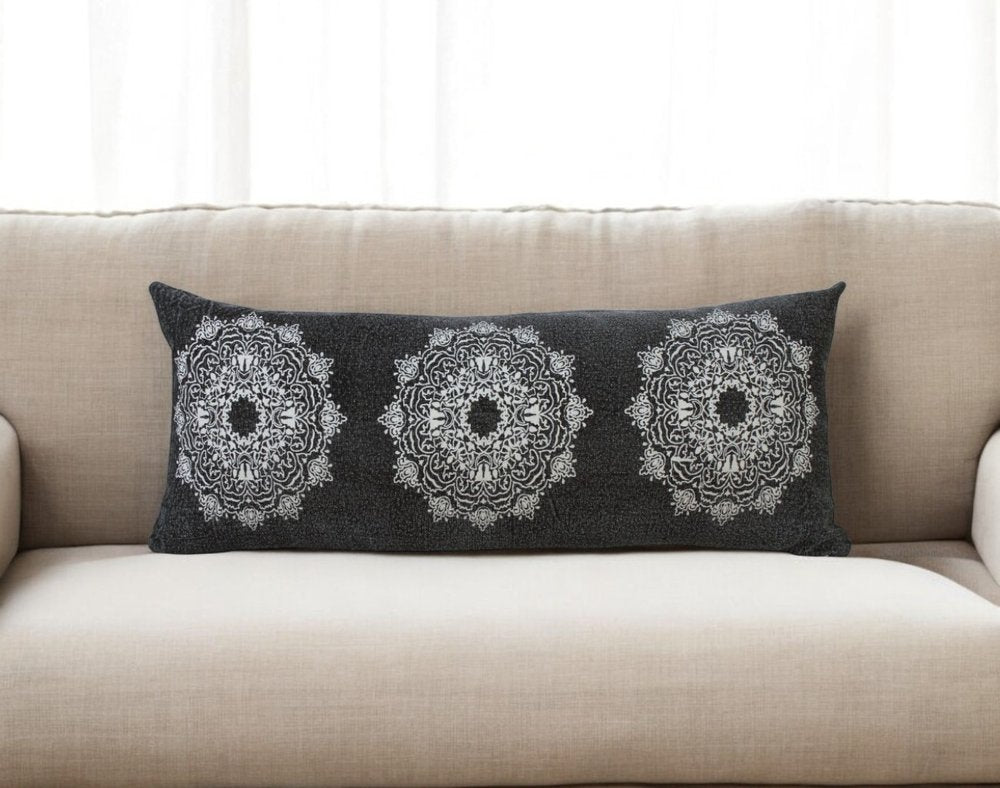 14" X 36" Black And White Cotton Medallion Throw Pillow