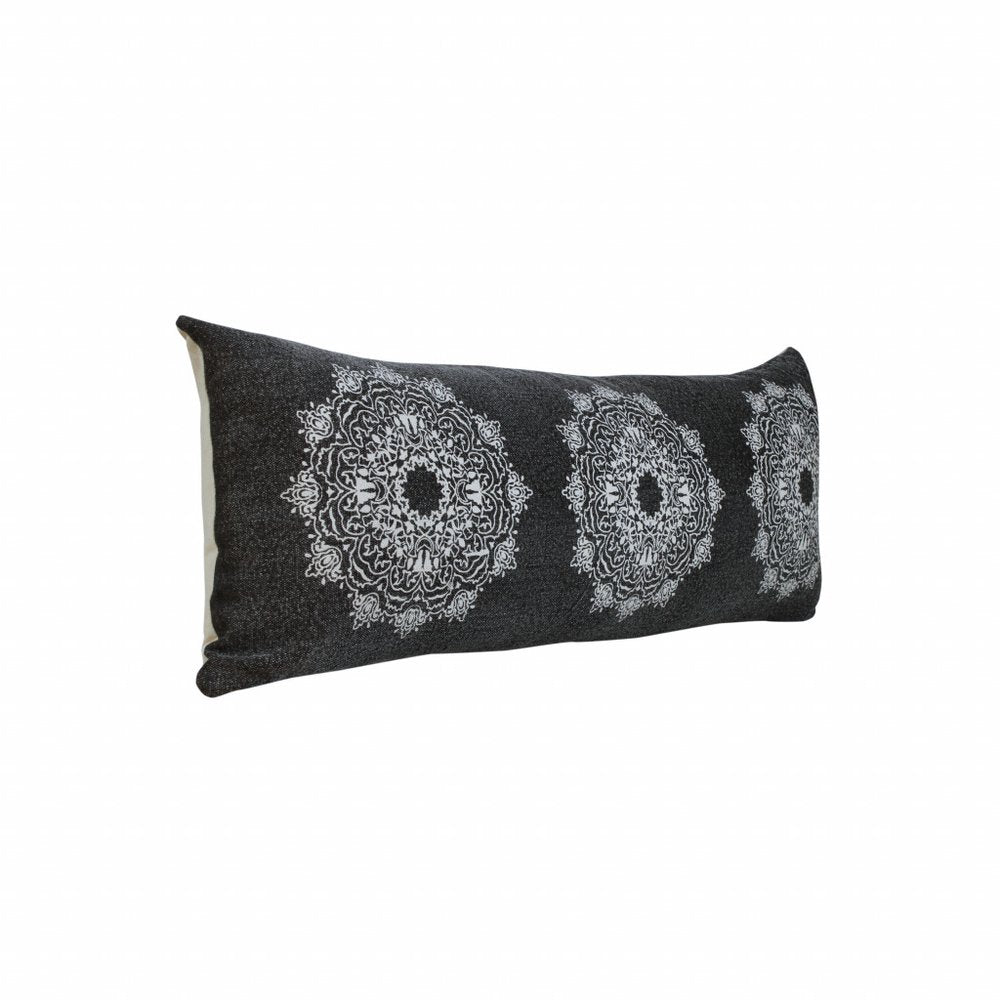 14" X 36" Black And White Cotton Medallion Throw Pillow