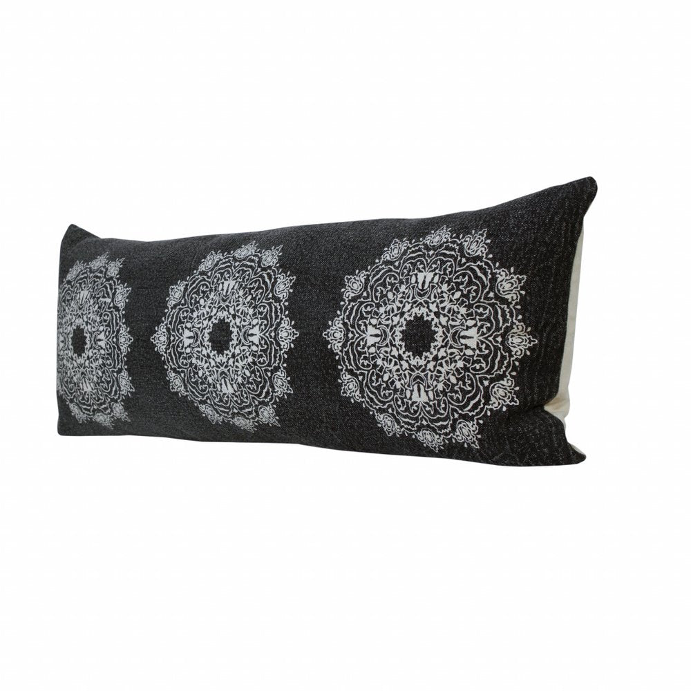 14" X 36" Black And White Cotton Medallion Throw Pillow