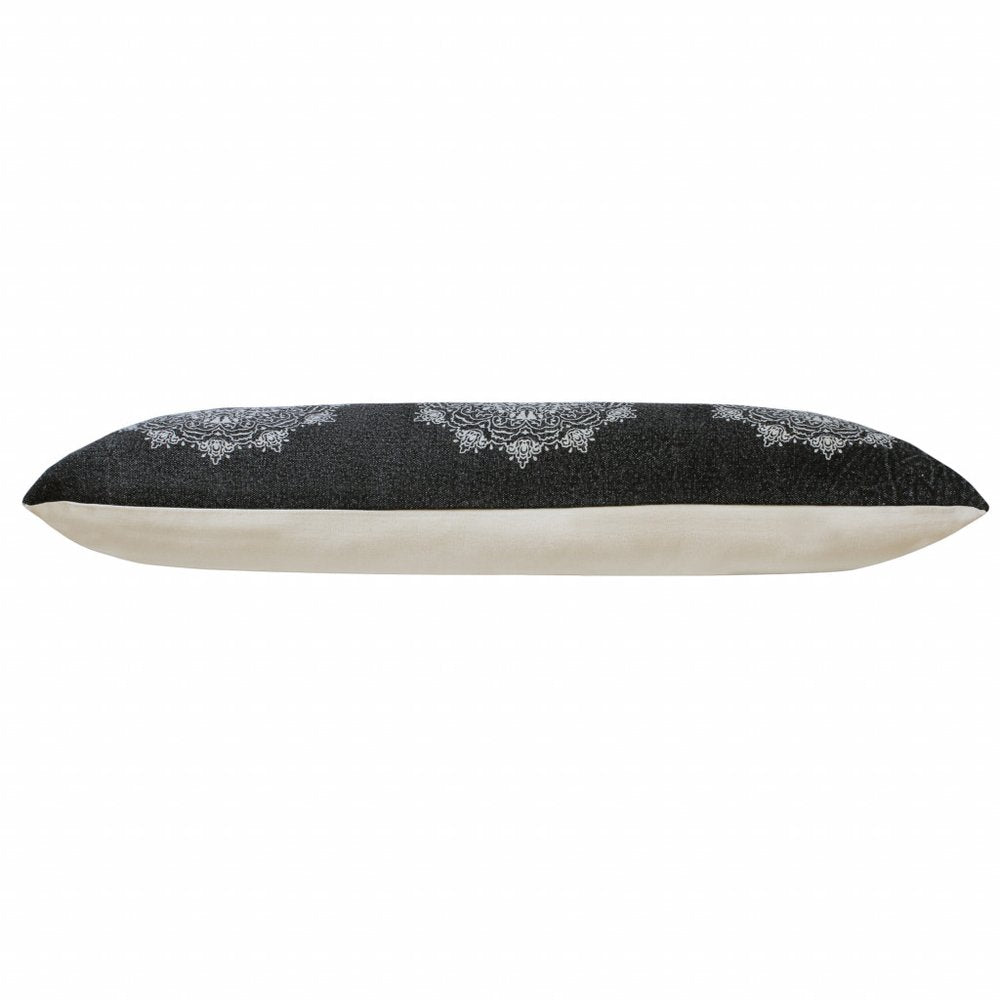 14" X 36" Black And White Cotton Medallion Throw Pillow