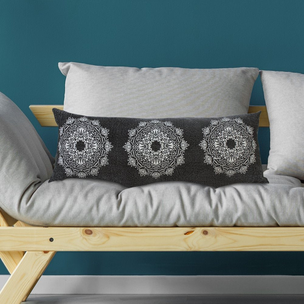 14" X 36" Black And White Cotton Medallion Throw Pillow