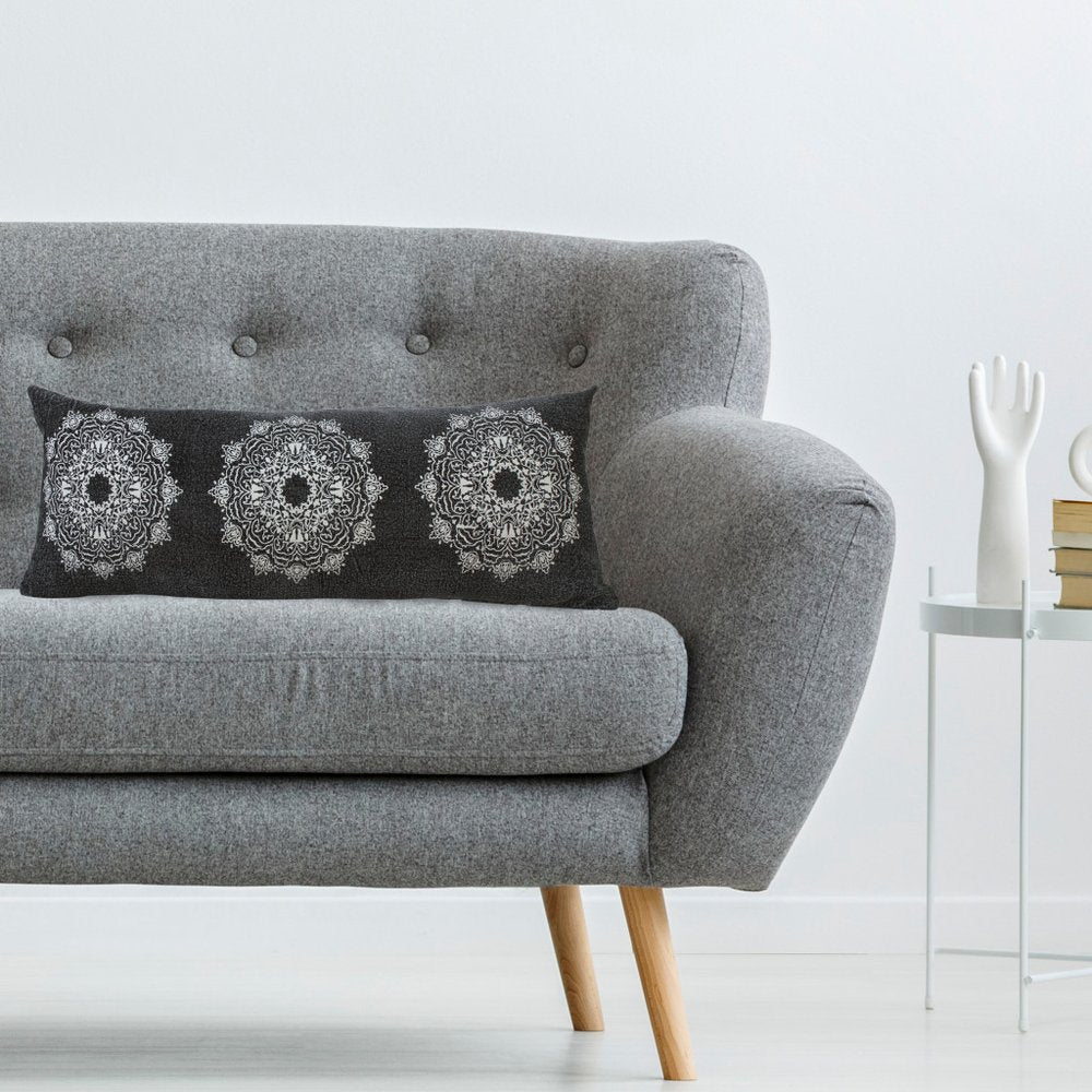 14" X 36" Black And White Cotton Medallion Throw Pillow