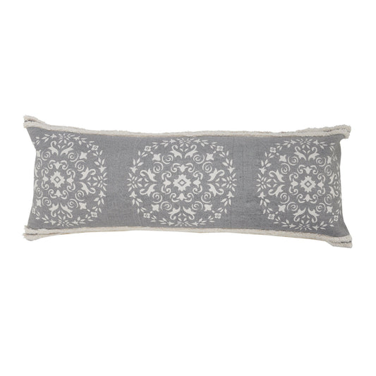 14" X 36" Gray And White 100% Cotton Geometric Zippered Pillow