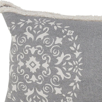 14" X 36" Gray And White Cotton Medallion Throw Pillow