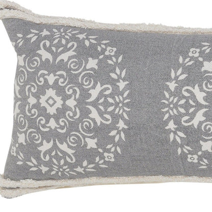 14" X 36" Gray And White Cotton Medallion Throw Pillow