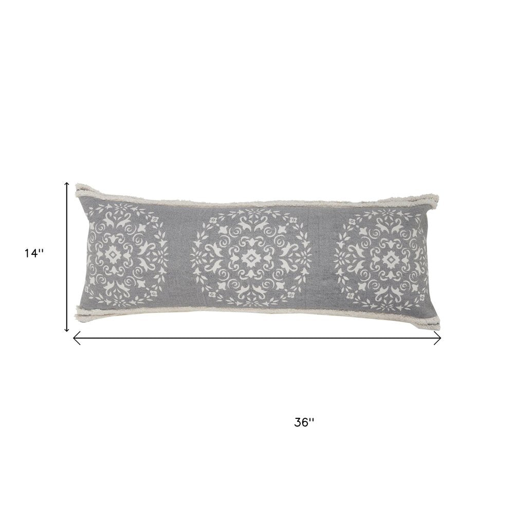 14" X 36" Gray And White Cotton Medallion Throw Pillow