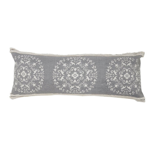 14" X 36" Gray And White Cotton Medallion Throw Pillow